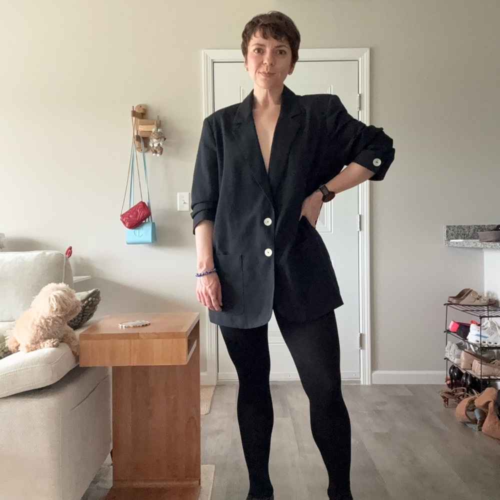 Vintage Oversized Women's Black Blazer w/Pearlized Buttons